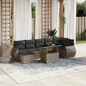 8 pcs conjunto sofás de jardim c/ almofadões vime PE cinzento