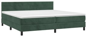 Cama box spring c/ colchão/LED 200x200 cm veludo verde-escuro