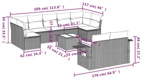 10 pcs conj. sofás jardim com almofadões vime PE cinzento-claro