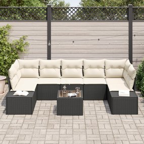 Conjunto de Sofá de Jardim com 8 Peças e Almofadas Preto em Rattan