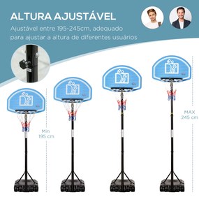 HOMCOM Tabela de Basquetebol para Exterior com Altura Ajustável 160-210cm Cesta de Basquetebol com Rodas Tabela de PE e Base Recarregável 76x70x197,5-254cm Preto e Azul