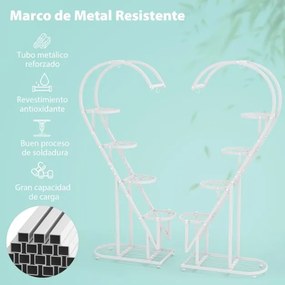 Conjunto de 2 suportes metálicos de 5 níveis para plantas com escada em forma de coração e gancho para pendurar 71 x 30,5 x 148 cm Brancos