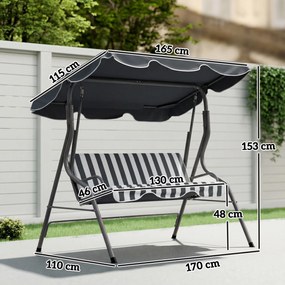 Baloiço de jardim de 3 lugares com cobertura impermeável, inclinação ajustável e almofadas de assento e encosto em cinzento e branco às riscas