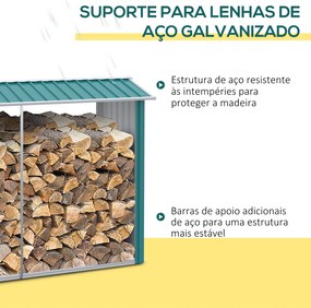 Abrigo para Lenhas de Aço Galvanizado com Teto Inclinado para Jardim Varanda Pátio 240x86x160 cm Verde