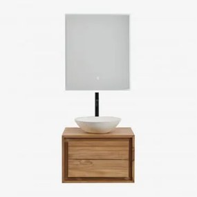 Conjunto De Móveis De Banheiro Em Madeira De Teca Jabari Madeira De Teca & Cimento Redondo Branco Ø40 Cm Zavion & Led Retangular - Sklum
