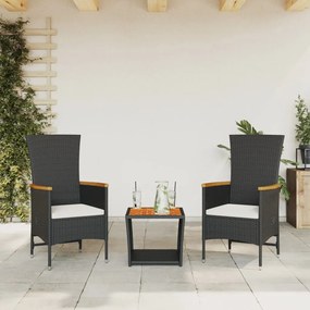 3 pcs conjunto de jantar p/ jardim c/ almofadões vime PE preto