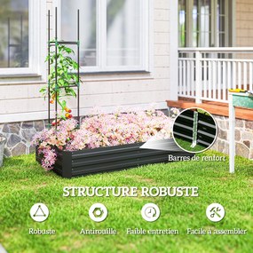 Floreira retangular de aço galvanizado com suportes para tomates e plantas trepadeiras, 180 x 90 x 29,5 cm preto