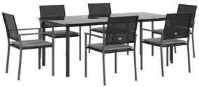 7 pcs conjunto de jantar p/ jardim c/ almofadões vime PE e aço