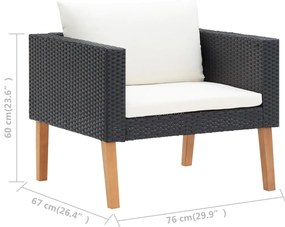 3 pcs conjunto lounge para jardim c/ almofadões vime PE preto