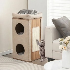 Casa para gatos de 3 andares 38 x 38 x 77,5 cm com tabuleiro para arranhar, 2 esconderijos e poleiro superior –  – Natural e bege