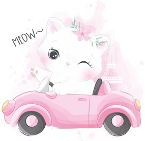 Cama infantil ANNA branca 140x70 - gato rosa - colchão e estrado incluído