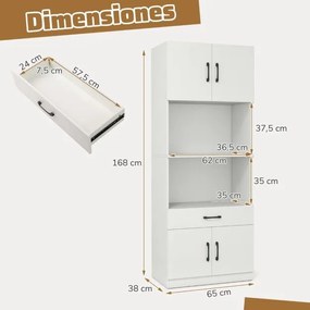 Armário de cozinha 65 x 38 x 168 cm com 4 portas e gaveta, estação de carregamento incorporada para sala de estar/jantar branco