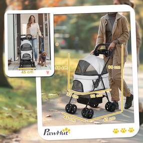 Carrinho para Cães Pequenos com 4 Rodas Travão Cesto Capota Correias de Segurança e Janelas 67x45x96 cm Cinza Claro