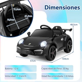 Carro elétrico para crianças de 12 V Porsche licenciado com comando à distância, música, luzes LED, buzina, arranque suave, Preto
