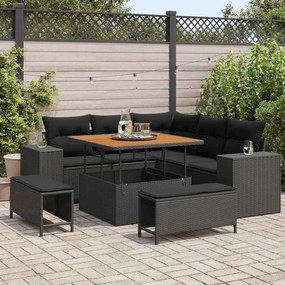 vidaXL Conjunto de Sofá de Jardim com 8 Peças , Almofadas Rattan Preto, Poliéster e Acácia.