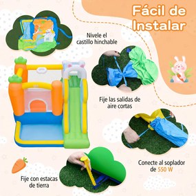 Castelo insuflável infantil com tema de coelho Com soprador de 550 W, com escorrega, piscina de bolas, parede de escalada, saco de transporte, para cr