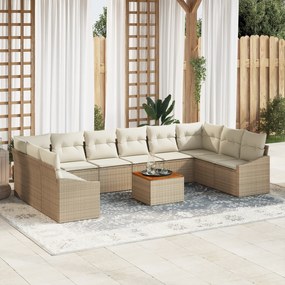 Conjunto de Sofá de Jardim de 11 Peças com Almofadas Bege Polirattan A