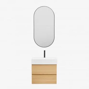 Conjunto De Móvel De Casa De Banho Em Madeira E Chapa De Freixo Com Lavatório Integrado Ona Madeira Natural & Ovale Led E Antifog Preto - Sklum