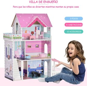 Casa de bonecas 3 andares com Pátio Mobília acessórios Madeira 86x30x8