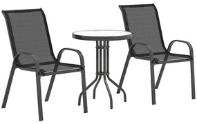 Outsunny Conjunto de Mesa e Cadeiras de Jardim de 3 Peças Móveis de Jardim com Cadeiras Empilháveis e Bancada de Vidro Preto | Aosom Portugal