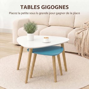 Conjunto de 2 mesas baixas encaixáveis de design escandinavo, com pés e tampo em madeira, nas cores branco e azul