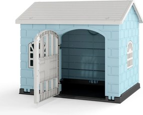 Casota de plástico para cães com 3 janelas e porta com fechadura, telhado inclinado, para interior e exterior, 75 x 58 x 65 cm, Azul Claro
