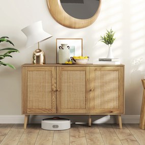 Aparador de sala de estar 120 x 40 x 75 cm com armários com portas em rattan e prateleira ajustável, em madeira natural