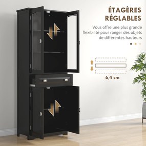 Armário alto de cozinha com 4 portas, das quais 2 com vidro, e 1 gaveta, com 160 cm de altura e prateleiras em madeira preta