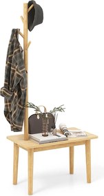 Cabide entrada com Mesa de apoio 2 em 1 de madeira maciça para quarto com sapateira e 3 cabides para casacos 76 x 43 x 168 cm Natural