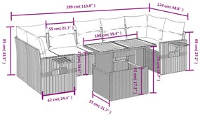 8 pcs conjunto sofás de jardim c/ almofadões vime PE cinzento