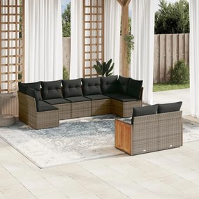 9 pcs conjunto sofás p/ jardim com almofadões vime PE cinzento