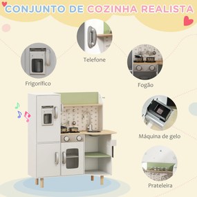 Cozinha de Madeira para Crianças com Máquina de Gelo Lavatório de Aço Inoxidável e Utensílios 84x34x89 cm Branco