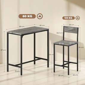 Conjunto de mesa de bar com bancos, mesa de jantar alta com 2 cadeiras de bar, apoios para os pés e encostos, cinzento