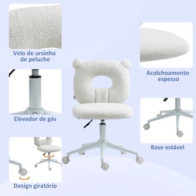 Cadeira de Secretária de Carneirinho Cadeira Infantil Giratória com Encosto em Forma de Urso 50x56x80-90 cm Branco