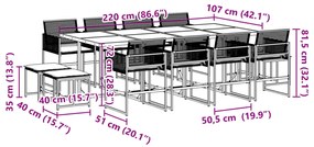 13 pcs conjunto de jantar p/jardim com almofadões vime PE preto