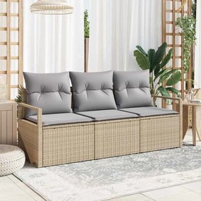 vidaXL Conjunto de Sofá de Jardim de 3 Peças com Almofadas Bege em Rattan