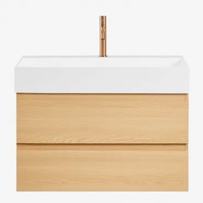 Conjunto De Móvel De Casa De Banho Suspenso Em Madeira E Folha De Freixo Com Lavatório Integrado Ona Madeira Natural & Sem Espelho - Sklum