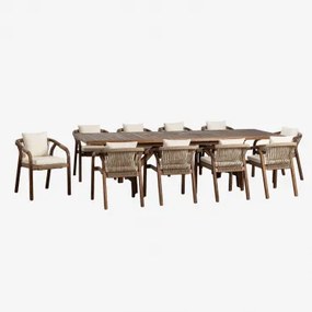 Conjunto De Mesa Retangular Extensível 200-260-320x100 Cm E 10 Cadeiras De Jantar Com Braços Em Madeira De Acácia Dubai Tecido Gardénia Branco & Casta