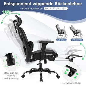 Cadeira ergonómica para computador com apoio para os pés retrátil, apoio lombar ajustável e apoios para os braços, cor preta