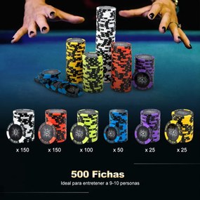 500 fichas de póquer Texas Hold'em com caixa de alumínio, baralhos de cartas, e dados preto