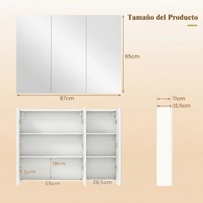 Armário parede de espelho para casa de banho 87 x 65 x 12,5 cm, 3 portas, para encastrar ou montar, 6 compartimentos, acabamento imitação de madeira,
