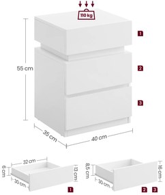 Mesa de cabeçeira com iluminação LED 35 x 40 x 55 cm Moderna Branca