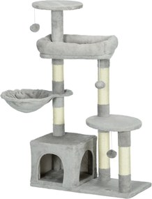 PawHut Arranhador para Gatos com Postes Arranhadores de Sisal Cova Plataformas e Bolas Suspensas 65x30x104 cm Cinzento Claro | Aosom Portugal