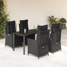 5 pcs conjunto de jantar p/ jardim c/ almofadões vime PE preto