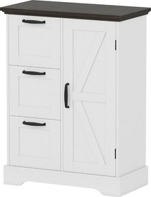 Aparador estilo rústico 60 x 30 x 80 cm com porta de celeiro e 3 gavetas de armazenamento Branco + Castanho
