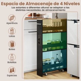 Carrinho cozinha estreito 47,5 x 13 x 80,5 cm com estação de carregamento de 4 níveis com rodas bloqueáveis Preto + Natural