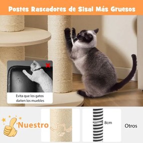 Arranhador para gatos de madeira de 6 níveis 150 cm com poleiro almofadado Rede de descanso Arranhadores de sisal Cinzento