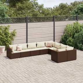 vidaXL 9 pcs conjunto sofás p/ jardim c/ almofadões vime PE castanho