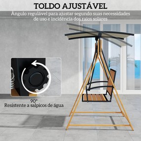 Baloiço de Jardim de 2 Lugares com Toldo Ajustável e Estrutura de Metal Carga 240 kg 142x112x162 cm Madeira e Creme