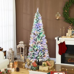 Árvore de Natal Estreita 180 cm Nevada com Luzes LED Bicolores 11 Modos de Iluminação 479 Ramos Suporte Metálico Verde